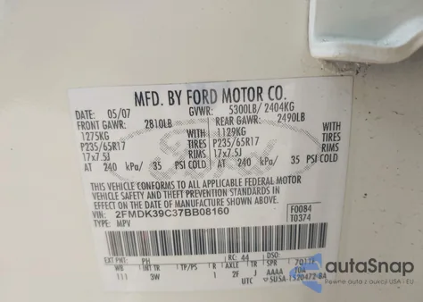 2007 Ford Edge Sel Plus from USA, damaged, VIN 2FMDK39C37BB08160